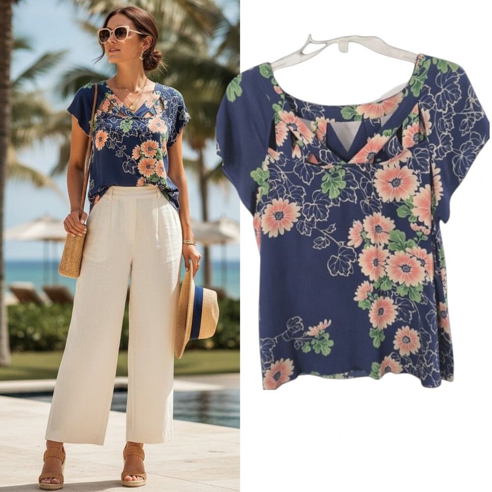 Anthropologie Maeve Floral Cutout Neckline Blouse Top Size 6 Blue Mauve Boho